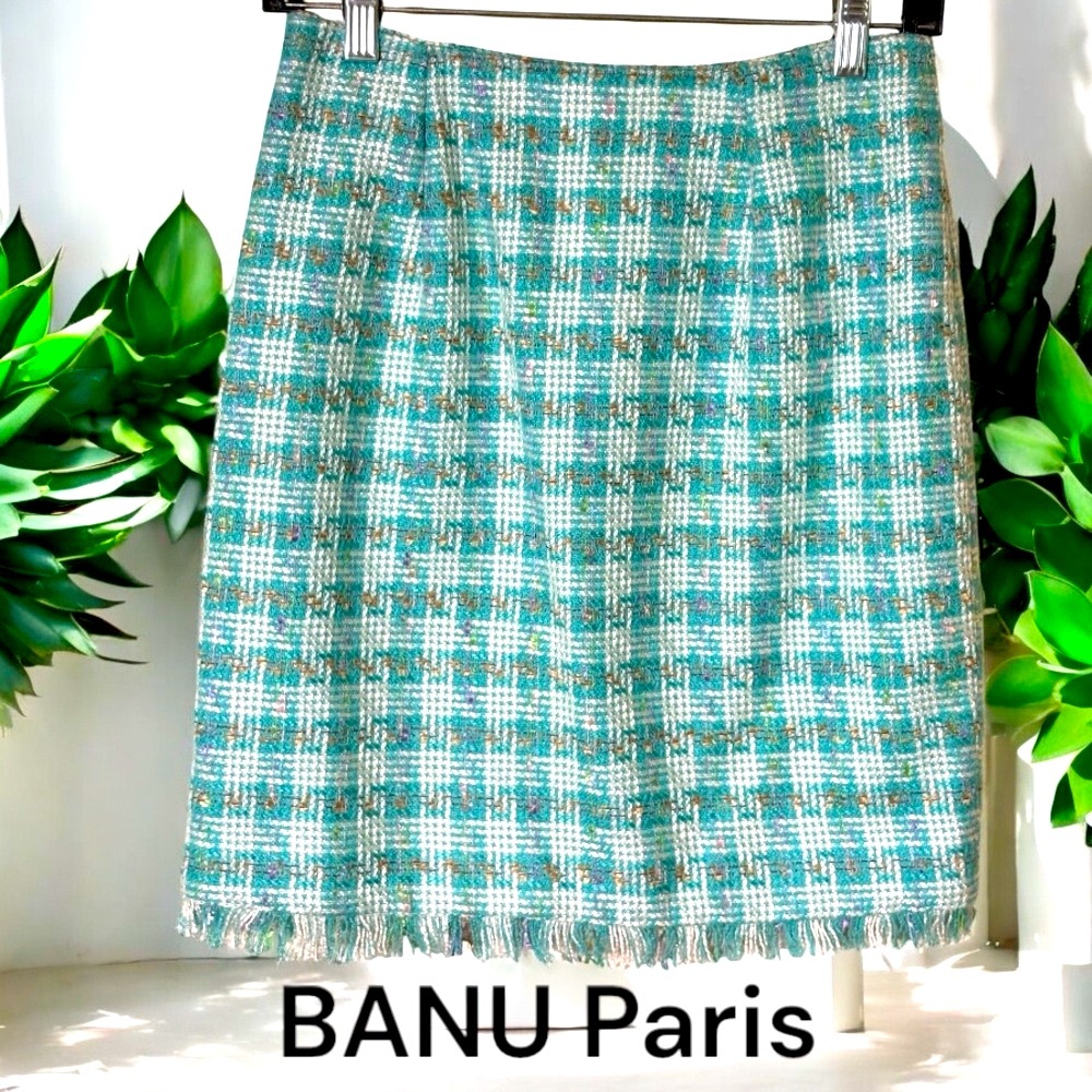 BANU Paris-Tweed pencil skirt. Size 6. Tiffany blue/multi. Back zip/lined. EUC!!